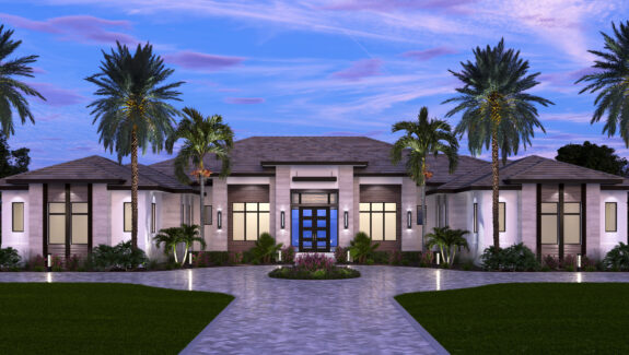 Color front elevation rendering of a 1-story 6436sf house plan