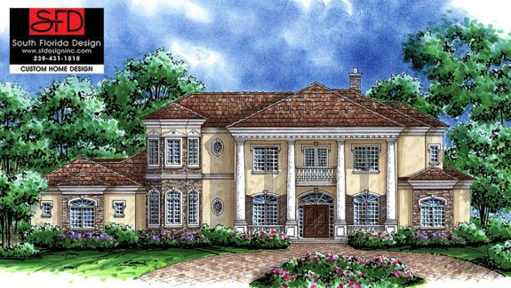 Color front elevation rendering of a 2-story luxury Georgian house plan