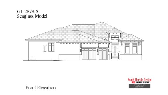 Black and white front elevation sketch of a 2878 square foot house plan