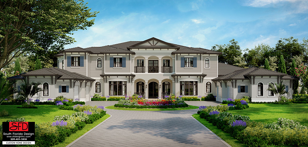 Color front elevation rendering of a 11653sf luxury house plan with amenities galore