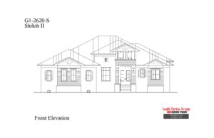 Black and white front elevation sketch of a 2620sf house plan