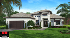 Color front elevation rendering of a 2400sf Coastal Contemporary House Plan-South Florida Design