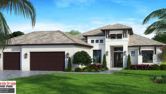 Color front elevation rendering of a 2400sf 1-story house plan