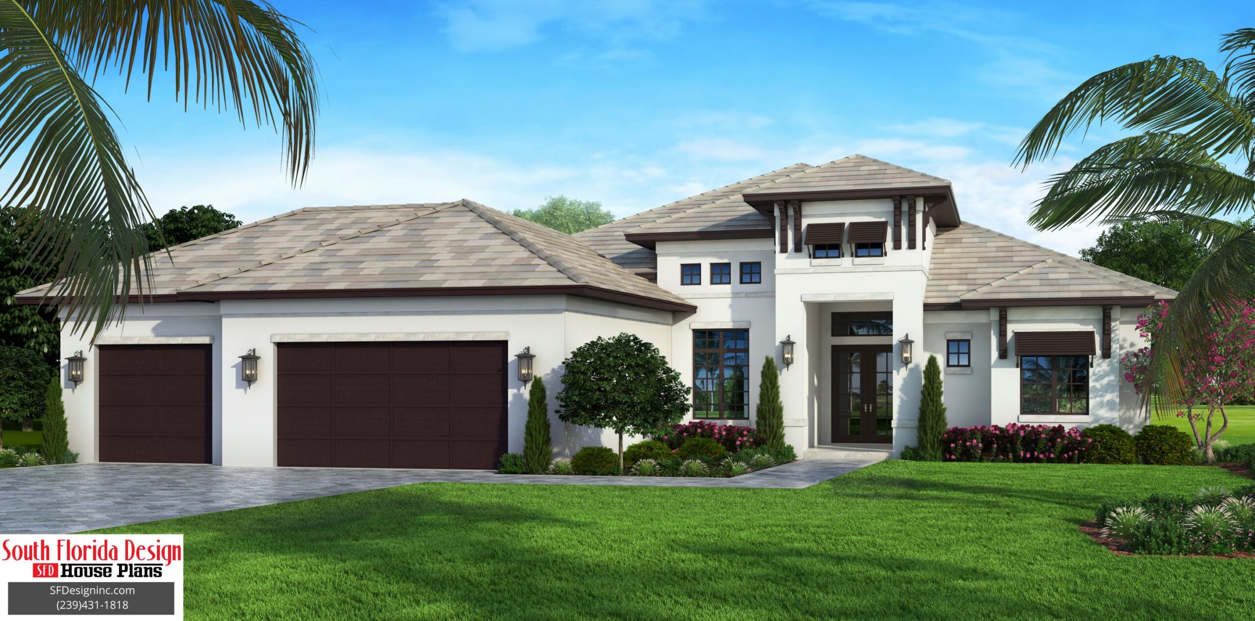 Color front elevation rendering of a 2400sf 1-story house plan