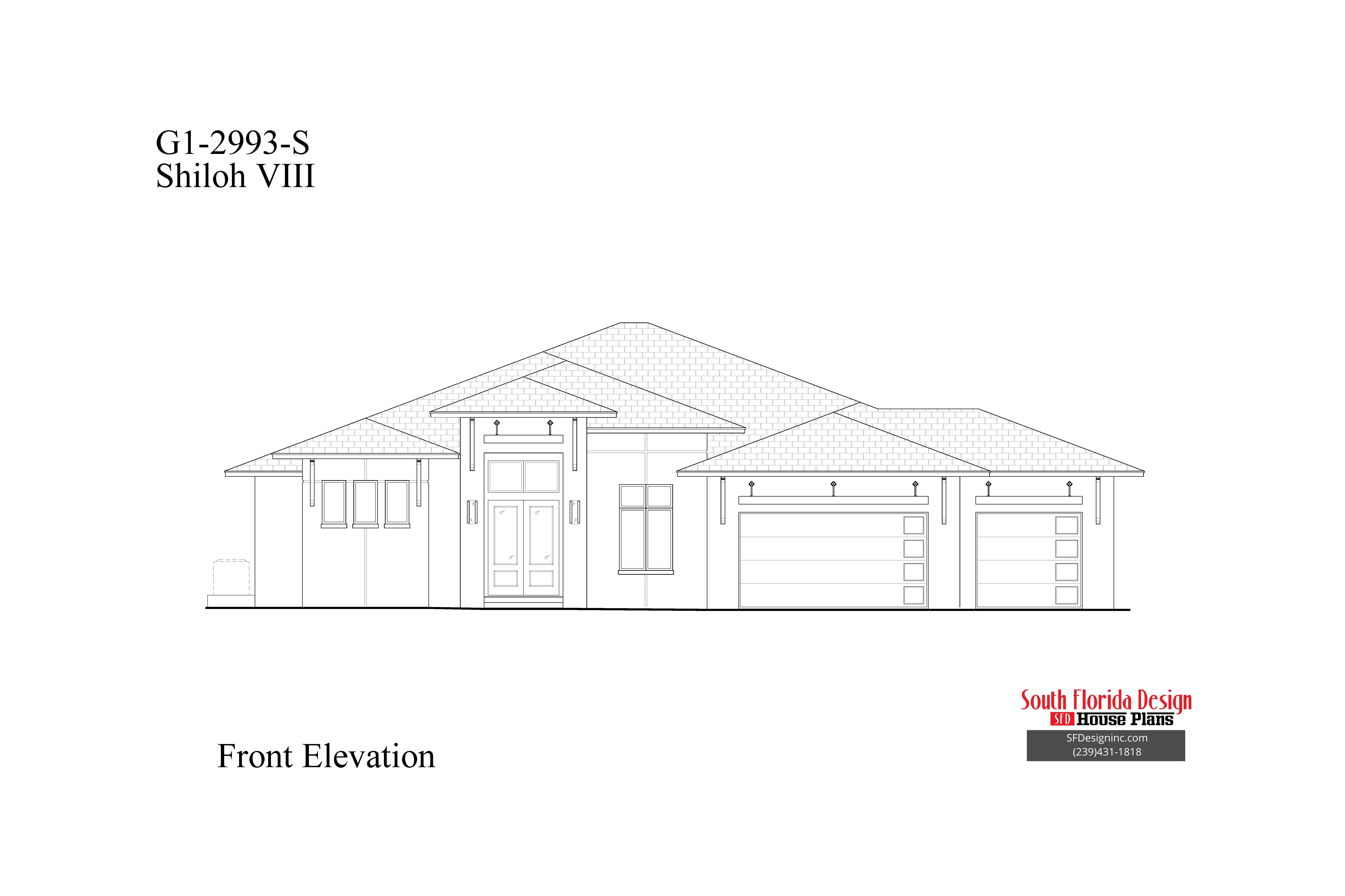 Black and white front elevation sketch of the Shiloh VIII house plan