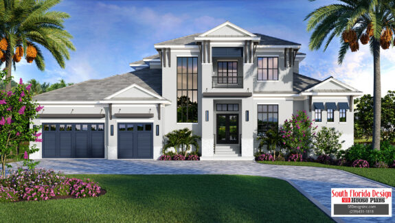 Color front elevation rendering of a 2-story British West Indies style house plan