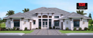 Color front elevation rendering of a 3296sf coastal contemporary house plan