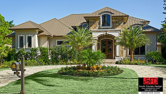 French house plan features 4 bedrooms, 4 baths, 2 half baths and a 4 car garage designed by South Florida Design located in Bonita Springs, Florida