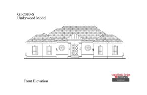 Black and white front elevation sketch of the 1-story 2080sf Underwood house plan