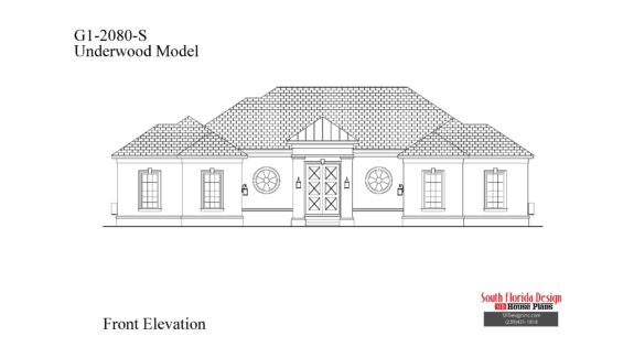 Black and white front elevation sketch of the 1-story 2080sf Underwood house plan