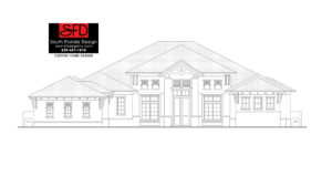 Black and white front elevation sketch of a 4,855SF 4 Bedroom House Plan
