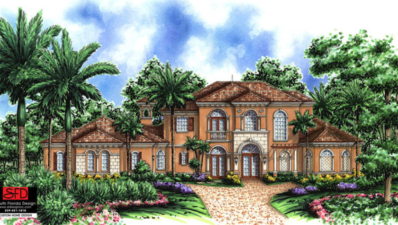 Color front elevation rendering of a 4,754sf 2-story Mediterranean house plan