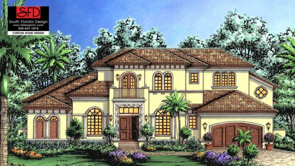 Color front elevation rendering of a Tuscan style house plan