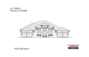Black and white front elevation sketch of a 1-story 3998sf house plan