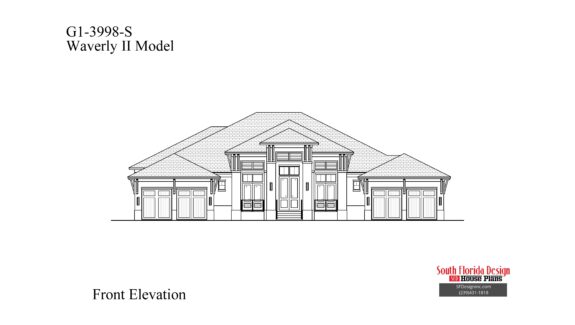 Black and white front elevation sketch of a 1-story 3998sf house plan
