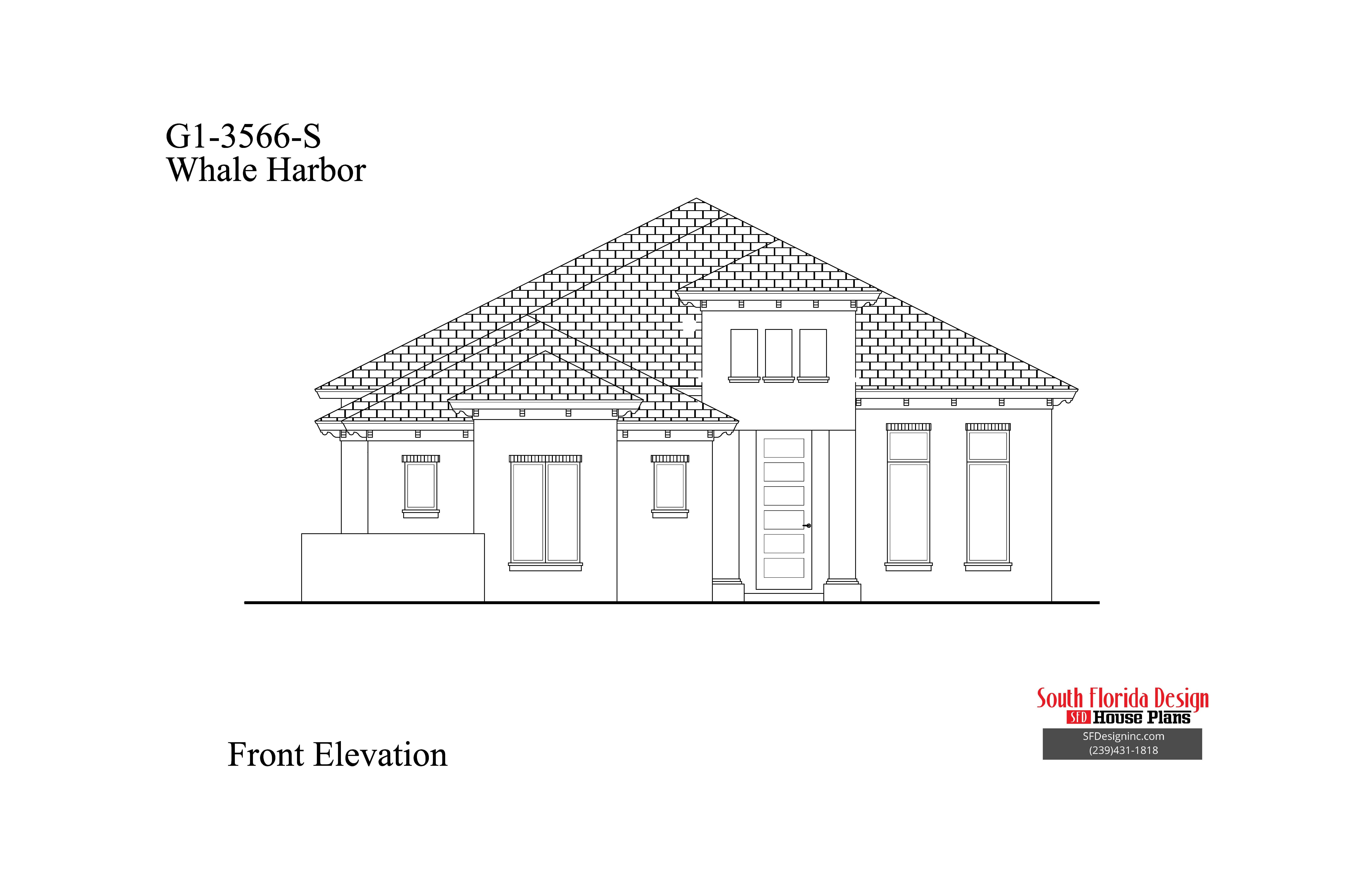 Black and white front elevation sketch of a 3566sf narrow lot house plan