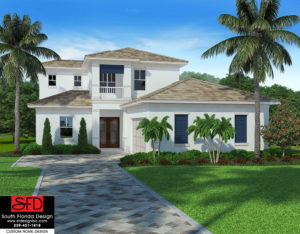 Color front elevation rendering of a 2-story coastal house plan