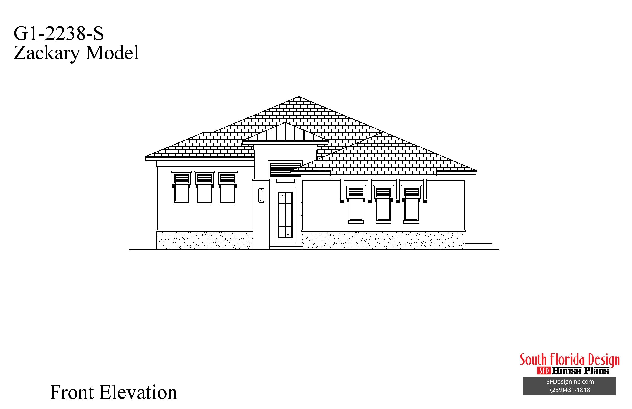 Black and white front elevation sketch of the narrow lot Zackary house plan