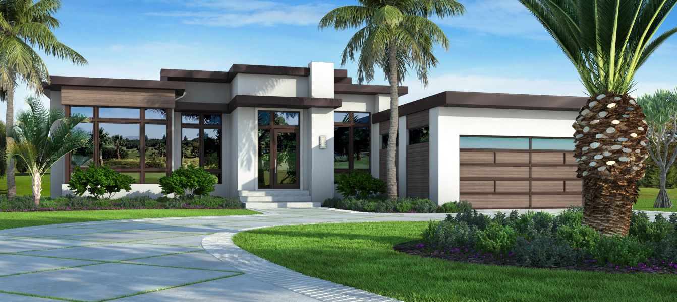 Front elevation color rendering of 1-story modern house created by South Florida Design